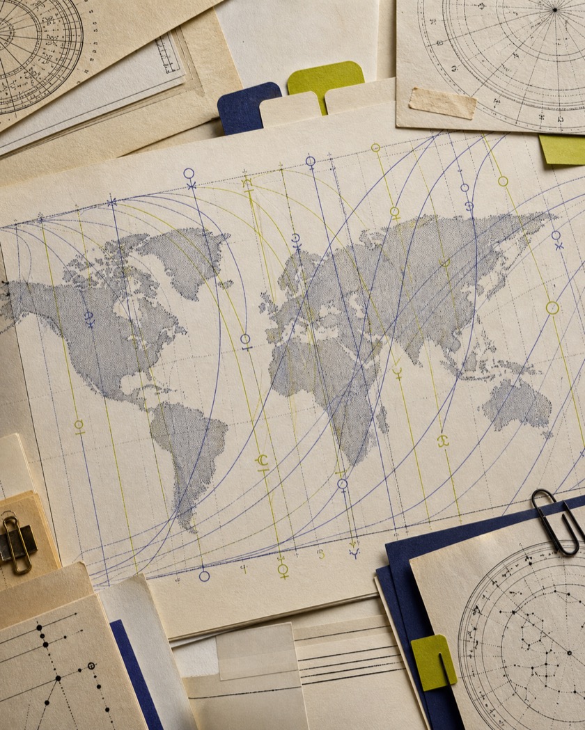 Documents, cartes celestes et archives sur une table de travail
